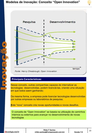 Modelos de Inovação: Conceito “Open Innovation”




   Principais Características:

   Nesse conceito, outras companhias capazes de internalizar as
   tecnologias desenvolvidas, podem licenciá-las, criando uma situação
   em que todos saem ganhando;

   Da mesma forma, a empresa pode licenciar tecnologias desenvolvidas
   por outras empresas ou laboratórios de pesquisa;

   E
   ƒ ste ―novo‖ conceito cria novas oportunidades e novos desafios.

   O conceito de ―Open Innovation‖ se baseia na utilização de caminhos
   internos ou externos para avançar no desenvolvimento de novas
   tecnologias




                                    Rildo F Santos                         23
                         (rildo.santos@Companyweb.com.br)     Versão 7.0
 