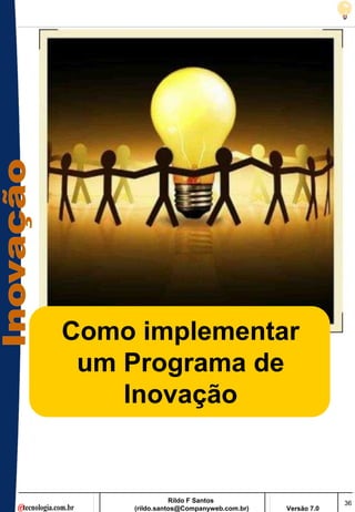 Como implementar
 um Programa de
    Inovação


               Rildo F Santos                       36
    (rildo.santos@Companyweb.com.br)   Versão 7.0
 