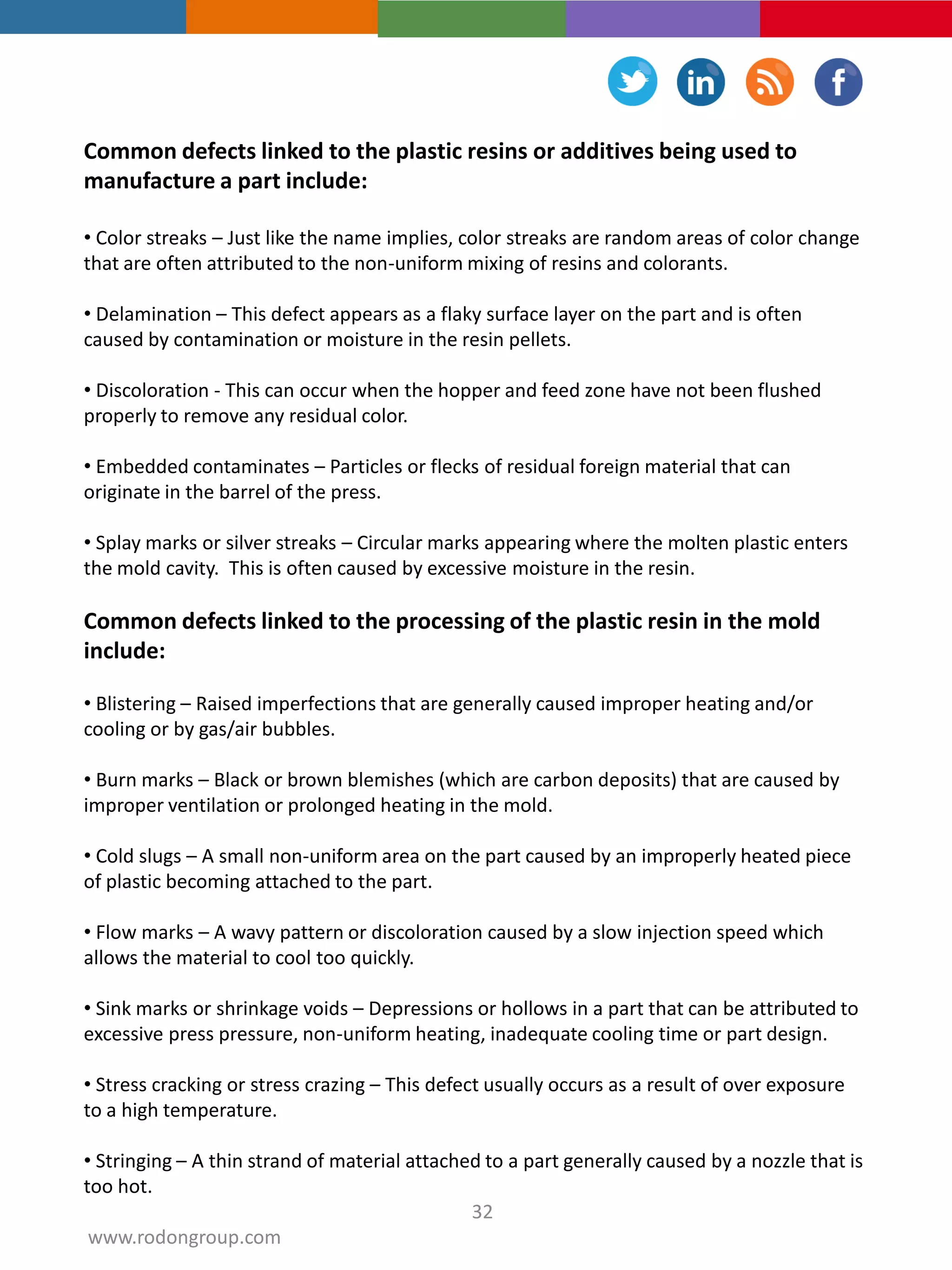 Common defects linked to the plastic resins or additives being used to
manufacture a part include:
• Color streaks – Just like the name implies, color streaks are random areas of color change
that are often attributed to the non-uniform mixing of resins and colorants.
• Delamination – This defect appears as a flaky surface layer on the part and is often
caused by contamination or moisture in the resin pellets.
• Discoloration - This can occur when the hopper and feed zone have not been flushed
properly to remove any residual color.
• Embedded contaminates – Particles or flecks of residual foreign material that can
originate in the barrel of the press.
• Splay marks or silver streaks – Circular marks appearing where the molten plastic enters
the mold cavity. This is often caused by excessive moisture in the resin.
Common defects linked to the processing of the plastic resin in the mold
include:
• Blistering – Raised imperfections that are generally caused improper heating and/or
cooling or by gas/air bubbles.
• Burn marks – Black or brown blemishes (which are carbon deposits) that are caused by
improper ventilation or prolonged heating in the mold.
• Cold slugs – A small non-uniform area on the part caused by an improperly heated piece
of plastic becoming attached to the part.
• Flow marks – A wavy pattern or discoloration caused by a slow injection speed which
allows the material to cool too quickly.
• Sink marks or shrinkage voids – Depressions or hollows in a part that can be attributed to
excessive press pressure, non-uniform heating, inadequate cooling time or part design.
• Stress cracking or stress crazing – This defect usually occurs as a result of over exposure
to a high temperature.
• Stringing – A thin strand of material attached to a part generally caused by a nozzle that is
too hot.
32
www.rodongroup.com
 