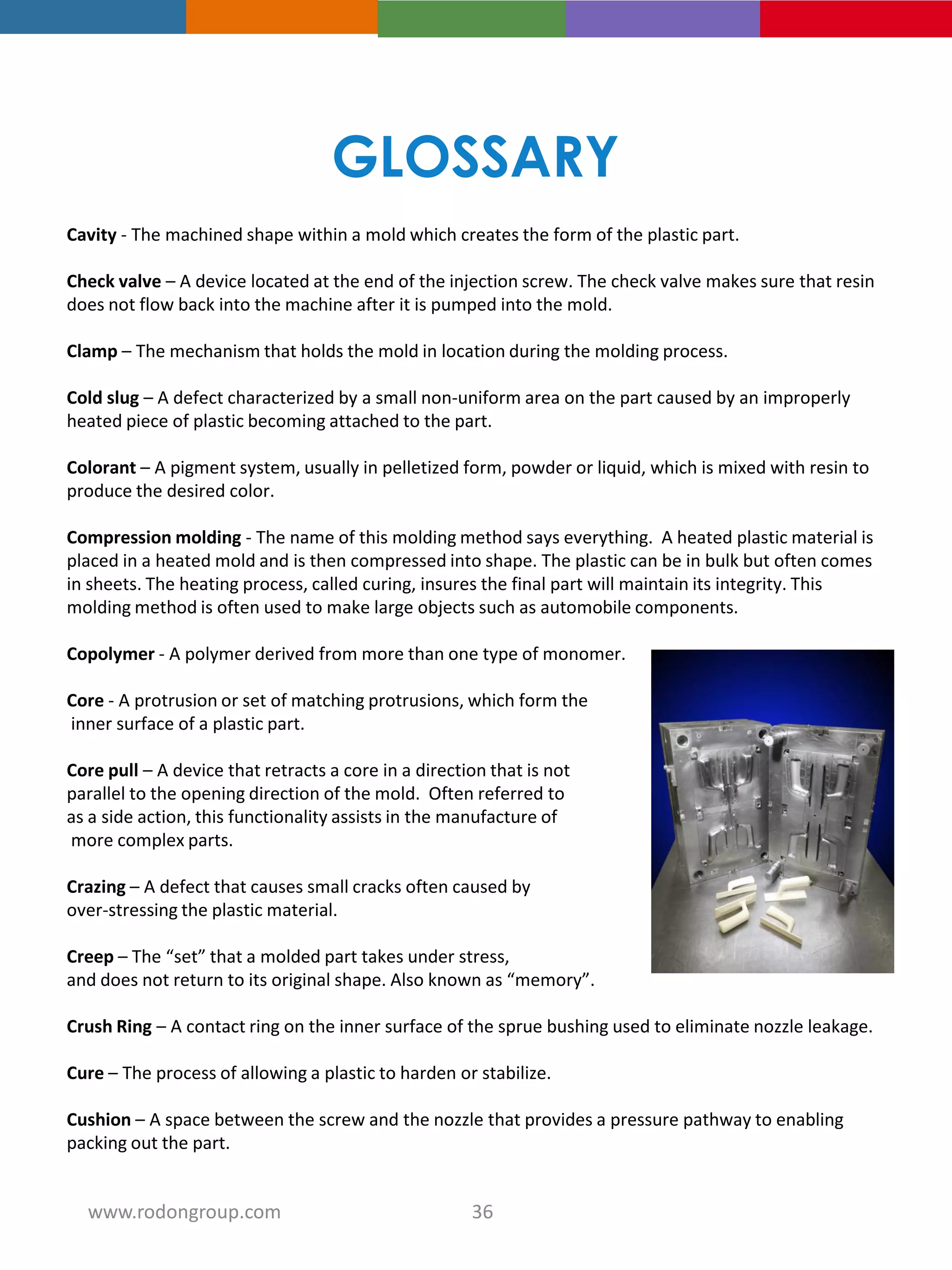 GLOSSARY
36www.rodongroup.com
Cavity - The machined shape within a mold which creates the form of the plastic part.
Check valve – A device located at the end of the injection screw. The check valve makes sure that resin
does not flow back into the machine after it is pumped into the mold.
Clamp – The mechanism that holds the mold in location during the molding process.
Cold slug – A defect characterized by a small non-uniform area on the part caused by an improperly
heated piece of plastic becoming attached to the part.
Colorant – A pigment system, usually in pelletized form, powder or liquid, which is mixed with resin to
produce the desired color.
Compression molding - The name of this molding method says everything. A heated plastic material is
placed in a heated mold and is then compressed into shape. The plastic can be in bulk but often comes
in sheets. The heating process, called curing, insures the final part will maintain its integrity. This
molding method is often used to make large objects such as automobile components.
Copolymer - A polymer derived from more than one type of monomer.
Core - A protrusion or set of matching protrusions, which form the
inner surface of a plastic part.
Core pull – A device that retracts a core in a direction that is not
parallel to the opening direction of the mold. Often referred to
as a side action, this functionality assists in the manufacture of
more complex parts.
Crazing – A defect that causes small cracks often caused by
over-stressing the plastic material.
Creep – The “set” that a molded part takes under stress,
and does not return to its original shape. Also known as “memory”.
Crush Ring – A contact ring on the inner surface of the sprue bushing used to eliminate nozzle leakage.
Cure – The process of allowing a plastic to harden or stabilize.
Cushion – A space between the screw and the nozzle that provides a pressure pathway to enabling
packing out the part.
 