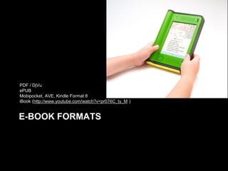 PDF / DjVu
ePUB
Mobipocket, AVE, Kindle Format 8
iBook (http://www.youtube.com/watch?v=pr076C_ty_M )

E-BOOK FORMATS

 