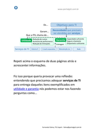 www.portalgsti.com.br
Fernando Palma, ITIL Expert - fpalma@portalgsti.com.br
Repeti acima o esquema de duas páginas atrás e
acrescentei informações.
Fiz isso porque queria provocar uma reflexão:
entendendo que precisamos adequar serviços de TI
para entrega daqueles itens exemplificados em
utilidade e garantia nós podemos estar nos fazendo
perguntas como...
 