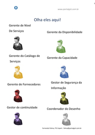 www.portalgsti.com.br
Fernando Palma, ITIL Expert - fpalma@portalgsti.com.br
Olha eles aqui!
Gerente de Nível
De Serviços
Gestor de continuidade
Gerente da Disponibilidade
Coordenador do Desenho
Gerente do Catálogo de
Serviços
G
Gerente da Capacidade
Gerente de Fornecedores
Gestor de Segurança da
Informação
 