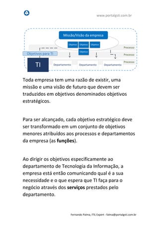 www.portalgsti.com.br
Fernando Palma, ITIL Expert - fpalma@portalgsti.com.br
Toda empresa tem uma razão de existir, uma
missão e uma visão de futuro que devem ser
traduzidos em objetivos denominados objetivos
estratégicos corporativos.
Para ser alcançado, cada objetivo estratégico deve
ser transformado em um conjunto de objetivos
menores atribuídos aos processos e departamentos
da empresa (as funções).
Ao dirigir os objetivos especificamente ao
departamento de Tecnologia da Informação, a
empresa está então comunicando qual é a sua
necessidade e o que espera que TI faça para o
negócio através dos serviços prestados pelo
departamento.
 