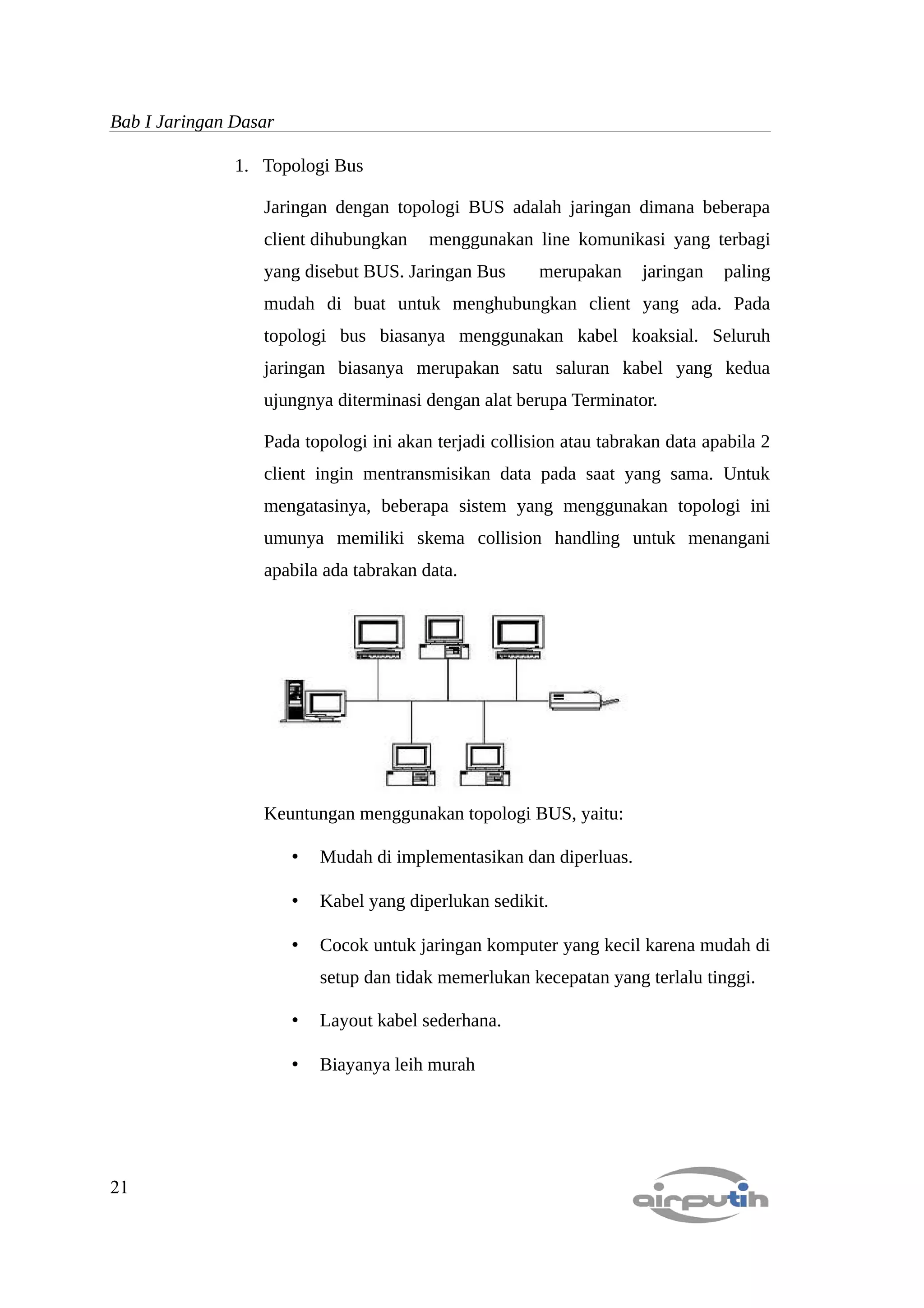 Bab I Jaringan Dasar

               1. Topologi Bus

                  Jaringan dengan topologi BUS adalah jaringan dimana beberapa
                  client dihubungkan     menggunakan line komunikasi yang terbagi
                  yang disebut BUS. Jaringan Bus       merupakan     jaringan   paling
                  mudah di buat untuk menghubungkan client yang ada. Pada
                  topologi bus biasanya menggunakan kabel koaksial. Seluruh
                  jaringan biasanya merupakan satu saluran kabel yang kedua
                  ujungnya diterminasi dengan alat berupa Terminator.

                  Pada topologi ini akan terjadi collision atau tabrakan data apabila 2
                  client ingin mentransmisikan data pada saat yang sama. Untuk
                  mengatasinya, beberapa sistem yang menggunakan topologi ini
                  umunya memiliki skema collision handling untuk menangani
                  apabila ada tabrakan data.




                  Keuntungan menggunakan topologi BUS, yaitu:

                       •   Mudah di implementasikan dan diperluas.

                       •   Kabel yang diperlukan sedikit.

                       •   Cocok untuk jaringan komputer yang kecil karena mudah di
                           setup dan tidak memerlukan kecepatan yang terlalu tinggi.

                       •   Layout kabel sederhana.

                       •   Biayanya leih murah




21
 