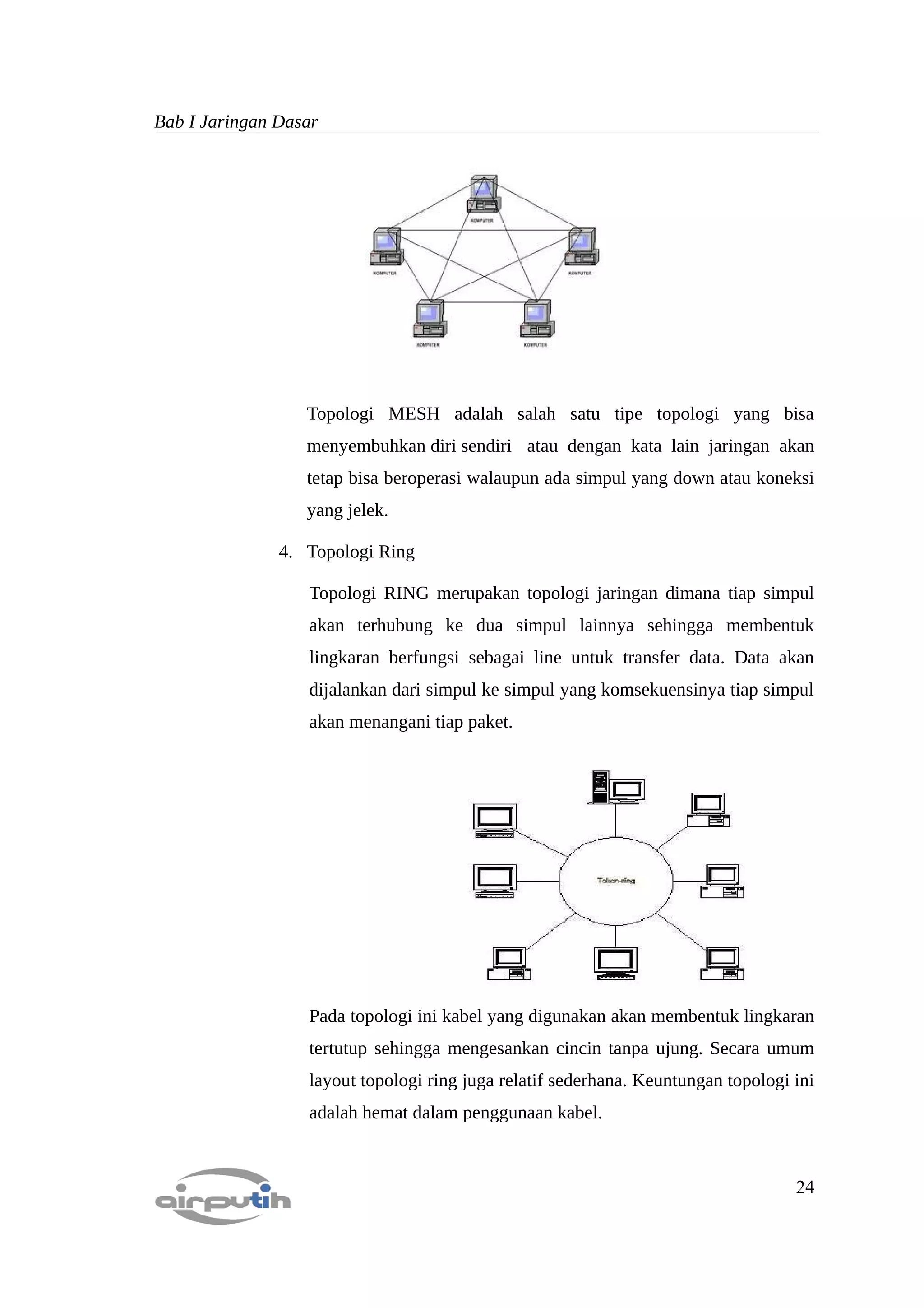 Bab I Jaringan Dasar




                  Topologi MESH adalah salah satu tipe topologi yang bisa
                  menyembuhkan diri sendiri atau dengan kata lain jaringan akan
                  tetap bisa beroperasi walaupun ada simpul yang down atau koneksi
                  yang jelek.

               4. Topologi Ring

                  Topologi RING merupakan topologi jaringan dimana tiap simpul
                  akan terhubung ke dua simpul lainnya sehingga membentuk
                  lingkaran berfungsi sebagai line untuk transfer data. Data akan
                  dijalankan dari simpul ke simpul yang komsekuensinya tiap simpul
                  akan menangani tiap paket.




                  Pada topologi ini kabel yang digunakan akan membentuk lingkaran
                  tertutup sehingga mengesankan cincin tanpa ujung. Secara umum
                  layout topologi ring juga relatif sederhana. Keuntungan topologi ini
                  adalah hemat dalam penggunaan kabel.



                                                                                   24
 