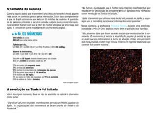 O tamanho do sucesso                                                                 “Na Tunísia, a população usa o Twitter para organizar manifestações que
                                                                                     resultaram na destituição do presidente Ben Ali. Episódio ficou conhecido
Confira alguns dados que transmitem uma ideia do tamanho dessa gigante               como ‘revolução na Tunísia foi tuitada’.”
rede social e o conteúdo gerado pelos internautas. Outro dado complementar
é que no Brasil estimam-se que existam 30 milhões de usuários. A quantida-           “Após o terremoto que vitimou mais de dez mil pessoas no Japão, a popu-
de de pessoas utilizando o serviço somada a alguns bons cases internacio-            lação usa o microblog para buscar informações sobre parentes.”
nais também fizeram com que a febre do Twitter atingisse as empresas, que            Nesse contexto, a professora Pollyana Ferrari, durante uma entrevista
agora o consideram parte importante do seu marketing digital.                        concedida a IHU On-Line, explicou muito bem o que tudo isso significa:

                                                                                     “Não podemos dizer que foram as redes sociais que revolucionaram o mo-
                                                                                     vimento. O movimento já existia, a insatisfação popular já existia, só que
                                                                                     as redes sociais potencializam a forma de atuação. Então, elas permitem
                                                                                     que mais pessoas postem mais coisas, mesmo em regimes ditatoriais cujo
                                                                                     controle é de ordem máxima”.




                                                         Fonte: Infográfic youpix.



A revolução na Tunísia foi tuitada
Você, em algum momento, deve ter lido ou assistido no noticiário chamadas
como estas:

“Depois de 30 anos no poder, manifestantes derrubaram Hosni Mubarak no
Egito. As organizações dos movimentos se deram através do Twitter e do
Facebook.”.
 