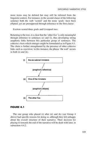 109
EXPLORING NARRATIVE STYLE
more items may be deleted but may still be inferred from the
linguistic context. For instance, in the second clause of the following
sentence both the verb ‘scored’ and the noun ‘goals’ have been
ellipted, yet are presupposed through reference to the first clause:
Everton scored three goals and Liverpool two.
Returning to the text, it is clear that the ‘other five’ is only meaningful
through reference to sentences (e) and (i), thus developing strong
anaphoric links between this particular group of sentences. The
cohesive chain which emerges might be formulated as in Figure 4.1.
The chain is further strengthened by the presence of other cohesive
links such as repetition; in this instance, the phrase ‘the wall’ occurs
in both (i) and (k).
The one group who placed (i) after (e) and (k) (see Group 4
above) had specific reasons for doing so, although they felt unhappy
about the overall structure of their narrative. Their decision for
placing (i) towards the end of the narrative will be dealt with later, in
subsection 4.4.2.
FIGURE 4.1
 