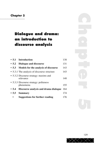 129
Chapter 5
Dialogue and drama:
an introduction to
discourse analysis
• 5.1 Introduction 130
• 5.2 Dialogue and discourse 131
• 5.3 Models for the analysis of discourse 143
• 5.3.1 The analysis of discourse structure 143
• 5.3.2 Discourse strategy: maxims and
relevance 148
• 5.3.3 Discourse strategy: politeness
phenomena 155
• 5.4 Discourse analysis and drama dialogue 164
• 5.5 Summary 174
• Suggestions for further reading 176
Chapter5
 