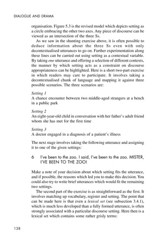 138
DIALOGUE AND DRAMA
organisation. Figure 5.3 is the revised model which depicts setting as
a circle embracing the other two axes. Any piece of discourse can be
viewed as an intersection of the three Ss.
As we saw in the shunting exercise above, it is often possible to
deduce information about the three Ss even with only
decontextualised utterances to go on. Further experimentation along
these lines can be carried out using setting as a contextual variable.
By taking one utterance and offering a selection of different contexts,
the manner by which setting acts as a constraint on discourse
appropriateness can be highlighted. Here is a short two-part exercise
in which readers may care to participate. It involves taking a
decontextualised chunk of language and mapping it against three
possible scenarios. The three scenarios are:
Setting 1
A chance encounter between two middle-aged strangers at a bench
in a public park
Setting 2
An eight-year-old child in conversation with her father’s adult friend
whom she has met for the first time
Setting 3
A doctor engaged in a diagnosis of a patient’s illness
The next stage involves taking the following utterance and assigning
it to one of the given settings:
6 I’ve been to the zoo. I said, I’ve been to the zoo. MISTER,
I’VE BEEN TO THE ZOO!
Make a note of your decision about which setting fits the utterance,
and if possible, the reasons which led you to make this decision.You
could also try to write brief utterances which would fit the remaining
two settings.
The second part of the exercise is as straightforward as the first. It
involves matching up vocabulary, register and setting. The point that
can be made here is that even a lexical set (see subsection 3.4.1),
which is much less developed than a fully formed utterance, is often
strongly associated with a particular discourse setting. Here then is a
lexical set which contains some rather grisly terms:
 