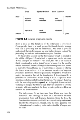 158
DIALOGUE AND DRAMA
FIGURE 5.5 Aligned pragmatic models
itself a risk, as the function of the utterance is obscured.
Consequently, there is a much greater likelihood that the strategy
will fail as you may not be understood. And even if you are
understood, the interlocutor can use your indirection as a ‘get out’ by
pretending not to have understood the request function.
We have yet to account for the third strategy which is situated in
the middle of Figure 5.2 and which is represented by the utterance
‘Could you open the window?’ First of all, this FTA is on-record in
that it contains clear lexical links (‘open’; ‘window’) to the specific
service requested. Second, although it threatens negative face, it does
so indirectly. This deliberate use of indirectness is a means of offering
the hearer some redress. It is an example therefore of negative
politeness, politeness which is specifically designed to preserve or
protect the negative face of the interlocutor. It is motivated by a
principle of avoidance: while doing a FTA, a speaker tries
simultaneously to avoid offending that person. The strategy therefore
calls for a dressing up of the speech act in linguistic features which
will allay or mitigate the threat to face. There are a number of specific
strategies which are available for doing negative politeness. Here are
some of the most common:
1 Use indirectness: As we have seen from ‘Could you close the
window?’, this strategy is built on a mismatch between
grammatical form and discourse function. None the less, the
function of the utterance will still be conventionally understood,
despite this obliqueness. Indeed, only the most pedantic will
‘misunderstand’ a routinely polite indirection like ‘Can you pass
the salt?’
 