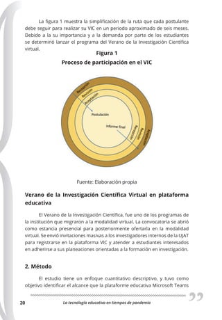 La tecnología educativa en tiempos de pandemia
20
La figura 1 muestra la simplificación de la ruta que cada postulante
debe seguir para realizar su VIC en un periodo aproximado de seis meses.
Debido a la su importancia y a la demanda por parte de los estudiantes
se determinó lanzar el programa del Verano de la Investigación Científica
virtual.
Figura 1
Proceso de participación en el VIC
Fuente: Elaboración propia
Verano de la Investigación Cientíﬁca Virtual en plataforma
educativa
El Verano de la Investigación Científica, fue uno de los programas de
la institución que migraron a la modalidad virtual. La convocatoria se abrió
como estancia presencial para posteriormente ofertarla en la modalidad
virtual. Se envió invitaciones masivas a los investigadores internos de la UJAT
para registrarse en la plataforma VIC y atender a estudiantes interesados
en adherirse a sus planeaciones orientadas a la formación en investigación.
2. Método
El estudio tiene un enfoque cuantitativo descriptivo, y tuvo como
objetivo identificar el alcance que la plataforme educativa Microsoft Teams
 