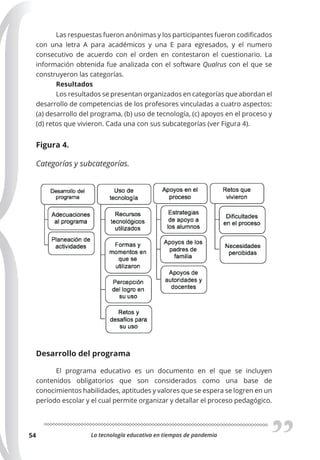 La tecnología educativa en tiempos de pandemia
54
Las respuestas fueron anónimas y los participantes fueron codificados
con una letra A para académicos y una E para egresados, y el numero
consecutivo de acuerdo con el orden en contestaron el cuestionario. La
información obtenida fue analizada con el software Qualrus con el que se
construyeron las categorías.
Resultados
Los resultados se presentan organizados en categorías que abordan el
desarrollo de competencias de los profesores vinculadas a cuatro aspectos:
(a) desarrollo del programa, (b) uso de tecnología, (c) apoyos en el proceso y
(d) retos que vivieron. Cada una con sus subcategorías (ver Figura 4).
Figura 4.
Categorías y subcategorías.
Desarrollo del programa
El  programa educativo  es un  documento  en el que se incluyen
contenidos obligatorios que son considerados como una base de
conocimientos habilidades, aptitudes y valores que se espera se logren en un
período escolar y el cual permite organizar y detallar el proceso pedagógico.
 