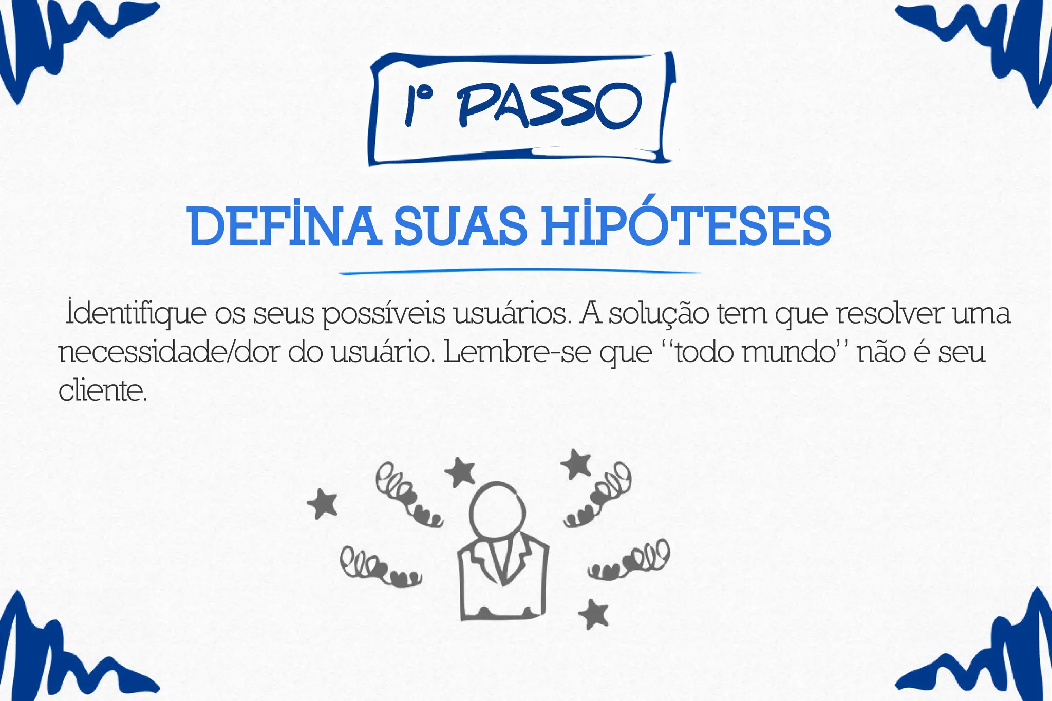 1º pass0
defina suas hipóteses
Identifique os seus possíveis usuários. A solução tem que resolver uma
necessidade/dor do usuário. Lembre-se que “todo mundo” não é seu
cliente.
 