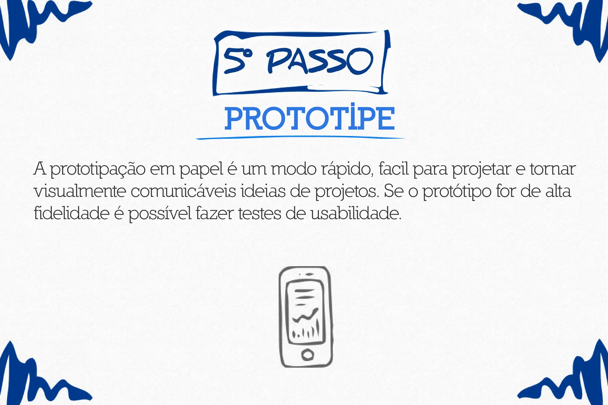 5
º pass0
prototipe
A prototipação em papel é um modo rápido, facil para projetar e tornar
visualmente comunicáveis ideias de projetos. Se o protótipo for de alta
fidelidade é possível fazer testes de usabilidade.
 