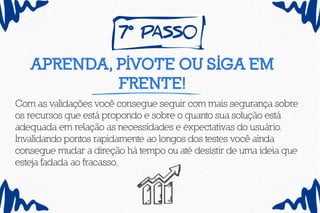 7º pass0
Aprenda, pivote ou siga em
frente!
Com as validações você consegue seguir com mais segurança sobre
os recursos que está propondo e sobre o quanto sua solução está
adequada em relação as necessidades e expectativas do usuário.
Invalidando pontos rapidamente ao longos dos testes você ainda
consegue mudar a direção há tempo ou até desistir de uma ideia que
esteja fadada ao fracasso.
 