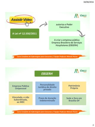 18/08/2016
2
A Lei nº 12.550/2011
autoriza o Poder
Executivo
A criar a empresa pública
Empresa Brasileira de Serviços
Hospitalares (EBSERH)
Curso Completo de Enfermagem para Concursos // Equipe Professor Rômulo Passos
EBSERH
Empresa Pública
Unipessoal
Personalidade
Jurídica de direito
privado
Patrimônio
Próprio
Vinculada, e não
Subordinada,
ao MEC
Prazo de duração
indeterminado
Sede e foro em
Brasília-DF
Curso Completo de Enfermagem para Concursos // Equipe Professor Rômulo Passos
 