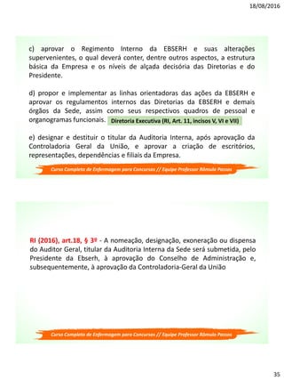 18/08/2016
35
c) aprovar o Regimento Interno da EBSERH e suas alterações
supervenientes, o qual deverá conter, dentre outros aspectos, a estrutura
básica da Empresa e os níveis de alçada decisória das Diretorias e do
Presidente.
d) propor e implementar as linhas orientadoras das ações da EBSERH e
aprovar os regulamentos internos das Diretorias da EBSERH e demais
órgãos da Sede, assim como seus respectivos quadros de pessoal e
organogramas funcionais.
e) designar e destituir o titular da Auditoria Interna, após aprovação da
Controladoria Geral da União, e aprovar a criação de escritórios,
representações, dependências e filiais da Empresa.
Diretoria Executiva (RI, Art. 11, incisos V, VI e VII)
Curso Completo de Enfermagem para Concursos // Equipe Professor Rômulo Passos
RI (2016), art.18, § 3º - A nomeação, designação, exoneração ou dispensa
do Auditor Geral, titular da Auditoria Interna da Sede será submetida, pelo
Presidente da Ebserh, à aprovação do Conselho de Administração e,
subsequentemente, à aprovação da Controladoria-Geral da União
Curso Completo de Enfermagem para Concursos // Equipe Professor Rômulo Passos
 