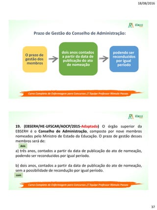 18/08/2016
37
Prazo de Gestão do Conselho de Administração:
O prazo de
gestão dos
membros
dois anos contados
a partir da data de
publicação do ato
de nomeação
podendo ser
reconduzidos
por igual
período
Curso Completo de Enfermagem para Concursos // Equipe Professor Rômulo Passos
19. (EBSERH/HE-UFSCAR/AOCP/2015-Adaptada) O órgão superior da
EBSERH é o Conselho de Administração, composto por nove membros
nomeados pelo Ministro de Estado da Educação. O prazo de gestão desses
membros será de:
a) três anos, contados a partir da data de publicação do ato de nomeação,
podendo ser reconduzidos por igual período.
b) dois anos, contados a partir da data de publicação do ato de nomeação,
sem a possibilidade de recondução por igual período.
dois
com
Curso Completo de Enfermagem para Concursos // Equipe Professor Rômulo Passos
 