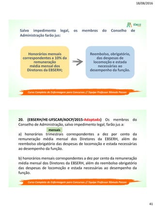 18/08/2016
41
Salvo impedimento legal, os membros do Conselho de
Administração farão jus:
Honorários mensais
correspondentes a 10% da
remuneração
média mensal dos
Diretores da EBSERH;
Reembolso, obrigatório,
das despesas de
locomoção e estada
necessárias ao
desempenho da função.
Curso Completo de Enfermagem para Concursos // Equipe Professor Rômulo Passos
20. (EBSERH/HE-UFSCAR/AOCP/2015-Adaptada) Os membros do
Conselho de Administração, salvo impedimento legal, farão jus a:
a) honorários trimestrais correspondentes a dez por cento da
remuneração média mensal dos Diretores da EBSERH, além do
reembolso obrigatório das despesas de locomoção e estada necessárias
ao desempenho da função.
b) honorários mensais correspondentes a dez por cento da remuneração
média mensal dos Diretores da EBSERH, além do reembolso obrigatório
das despesas de locomoção e estada necessárias ao desempenho da
função.
mensais
Curso Completo de Enfermagem para Concursos // Equipe Professor Rômulo Passos
 