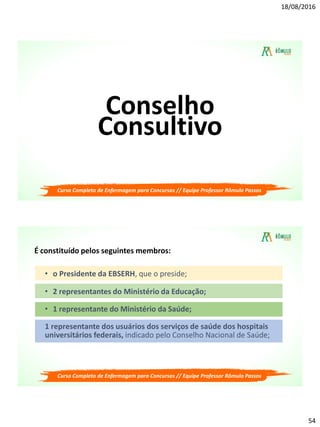 18/08/2016
54
Conselho
Consultivo
Curso Completo de Enfermagem para Concursos // Equipe Professor Rômulo Passos
É constituído pelos seguintes membros:
• o Presidente da EBSERH, que o preside;
• 1 representante do Ministério da Saúde;
1 representante dos usuários dos serviços de saúde dos hospitais
universitários federais, indicado pelo Conselho Nacional de Saúde;
• 2 representantes do Ministério da Educação;
Curso Completo de Enfermagem para Concursos // Equipe Professor Rômulo Passos
 