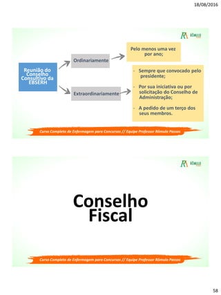 18/08/2016
58
Reunião do
Conselho
Consultivo da
EBSERH
Ordinariamente
Extraordinariamente
Pelo menos uma vez
por ano;
- Sempre que convocado pelo
presidente;
- Por sua iniciativa ou por
solicitação do Conselho de
Administração;
- A pedido de um terço dos
seus membros.
Curso Completo de Enfermagem para Concursos // Equipe Professor Rômulo Passos
Conselho
Fiscal
Curso Completo de Enfermagem para Concursos // Equipe Professor Rômulo Passos
 