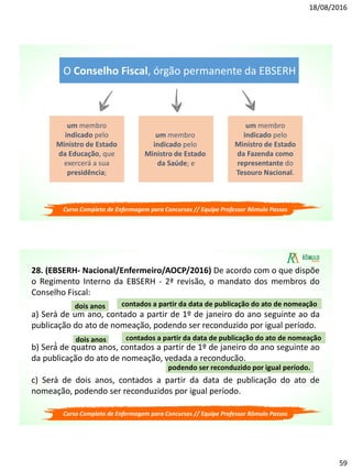 18/08/2016
59
O Conselho Fiscal, órgão permanente da EBSERH
um membro
indicado pelo
Ministro de Estado
da Educação, que
exercerá a sua
presidência;
um membro
indicado pelo
Ministro de Estado
da Saúde; e
um membro
indicado pelo
Ministro de Estado
da Fazenda como
representante do
Tesouro Nacional.
Curso Completo de Enfermagem para Concursos // Equipe Professor Rômulo Passos
28. (EBSERH- Nacional/Enfermeiro/AOCP/2016) De acordo com o que dispõe
o Regimento Interno da EBSERH - 2ª revisão, o mandato dos membros do
Conselho Fiscal:
a) Será de um ano, contado a partir de 1º de janeiro do ano seguinte ao da
publicação do ato de nomeação, podendo ser reconduzido por igual período.
b) Será́ de quatro anos, contados a partir de 1º de janeiro do ano seguinte ao
da publicação do ato de nomeação, vedada a recondução.
c) Será de dois anos, contados a partir da data de publicação do ato de
nomeação, podendo ser reconduzidos por igual período.
dois anos contados a partir da data de publicação do ato de nomeação
podendo ser reconduzido por igual período.
Curso Completo de Enfermagem para Concursos // Equipe Professor Rômulo Passos
dois anos contados a partir da data de publicação do ato de nomeação
 