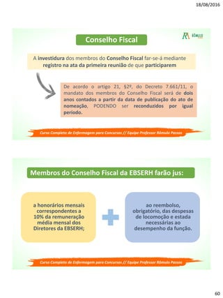 18/08/2016
60
Conselho Fiscal
A investidura dos membros do Conselho Fiscal far-se-á mediante
registro na ata da primeira reunião de que participarem
De acordo o artigo 21, §2º, do Decreto 7.661/11, o
mandato dos membros do Conselho Fiscal será de dois
anos contados a partir da data de publicação do ato de
nomeação, PODENDO ser reconduzidos por igual
período.
Curso Completo de Enfermagem para Concursos // Equipe Professor Rômulo Passos
Membros do Conselho Fiscal da EBSERH farão jus:
a honorários mensais
correspondentes a
10% da remuneração
média mensal dos
Diretores da EBSERH;
ao reembolso,
obrigatório, das despesas
de locomoção e estada
necessárias ao
desempenho da função.
Curso Completo de Enfermagem para Concursos // Equipe Professor Rômulo Passos
 