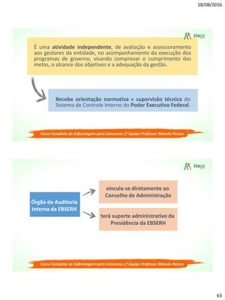 18/08/2016
63
É uma atividade independente, de avaliação e assessoramento
aos gestores da entidade, no acompanhamento da execução dos
programas de governo, visando comprovar o cumprimento das
metas, o alcance dos objetivos e a adequação da gestão.
Recebe orientação normativa e supervisão técnica do
Sistema de Controle Interno do Poder Executivo Federal.
Curso Completo de Enfermagem para Concursos // Equipe Professor Rômulo Passos
Órgão de Auditoria
Interna da EBSERH
vincula-se diretamente ao
Conselho de Administração
terá suporte administrativo da
Presidência da EBSERH
Curso Completo de Enfermagem para Concursos // Equipe Professor Rômulo Passos
 