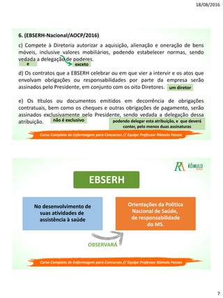18/08/2016
7
c) Compete à Diretoria autorizar a aquisição, alienação e oneração de bens
móveis, inclusive valores mobiliários, podendo estabelecer normas, sendo
vedada a delegação de poderes.
d) Os contratos que a EBSERH celebrar ou em que vier a intervir e os atos que
envolvam obrigações ou responsabilidades por parte da empresa serão
assinados pelo Presidente, em conjunto com os oito Diretores.
e) Os títulos ou documentos emitidos em decorrência de obrigações
contratuais, bem como os cheques e outras obrigações de pagamento, serão
assinados exclusivamente pelo Presidente, sendo vedada a delegação dessa
atribuição.
e
um diretor
não é exclusivo podendo delegar esta atribuição, e que deverá
conter, pelo menos duas assinaturas
6. (EBSERH-Nacional/AOCP/2016)
Curso Completo de Enfermagem para Concursos // Equipe Professor Rômulo Passos
exceto
EBSERH
No desenvolvimento de
suas atividades de
assistência à saúde
OBSERVARÁ
Orientações da Política
Nacional de Saúde,
de responsabilidade
do MS.
Curso Completo de Enfermagem para Concursos // Equipe Professor Rômulo Passos
 