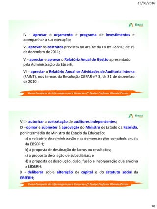 18/08/2016
70
Curso Completo de Enfermagem para Concursos // Equipe Professor Rômulo Passos
IV - aprovar o orçamento e programa de investimentos e
acompanhar a sua execução;
V - aprovar os contratos previstos no art. 6º da Lei nº 12.550, de 15
de dezembro de 2011;
VI - apreciar e aprovar o Relatório Anual de Gestão apresentado
pela Administração da Ebserh;
VII - apreciar o Relatório Anual de Atividades de Auditoria Interna
(RAINT), nos termos da Resolução CGPAR nº 3, de 31 de dezembro
de 2010 ;
Curso Completo de Enfermagem para Concursos // Equipe Professor Rômulo Passos
VIII - autorizar a contratação de auditores independentes;
IX - opinar e submeter à aprovação do Ministro de Estado da Fazenda,
por intermédio do Ministro de Estado da Educação:
a) o relatório de administração e as demonstrações contábeis anuais
da EBSERH;
b) a proposta de destinação de lucros ou resultados;
c) a proposta de criação de subsidiárias; e
d) a proposta de dissolução, cisão, fusão e incorporação que envolva
a EBSERH.
X - deliberar sobre alteração do capital e do estatuto social da
EBSERH;
 