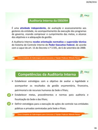 18/08/2016
86
Curso Completo de Enfermagem para Concursos // Equipe Professor Rômulo Passos
É uma atividade independente, de avaliação e assessoramento aos
gestores da entidade, no acompanhamento da execução dos programas
de governo, visando comprovar o cumprimento das metas, o alcance
dos objetivos e a adequação da gestão.
A Auditoria Interna recebe orientação normativa e supervisão técnica
do Sistema de Controle Interno do Poder Executivo Federal, de acordo
com o caput do art. 15 do Decreto n.º 3.591, de 6 de setembro de 2000.
Auditoria Interna da EBSERH
Curso Completo de Enfermagem para Concursos // Equipe Professor Rômulo Passos
 Estabelecer estratégias com o objetivo de avaliar a legalidade e
acompanhar os resultados da gestão orçamentária, financeira,
patrimonial e de recursos humanos da Sede e filiais;
 Estabelecer metas, procedimentos e normas para auditoria e
fiscalização da Sede e das filiais;
 Definir estratégias para a execução de ações de controle nas entidades
públicas e privadas contratadas pela Sede e filiais;
Competências da Auditoria Interna
 