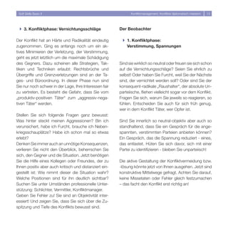 Soft Skills Basic II                                         Konfliktmanagement: Konflikte diplomatisch meistern   13




 } 3. Konfliktphase: Vernichtungsschläge                Der Beobachter

Der Konflikt hat an Härte und Radikalität eindeutig      } 1. Konfliktphase:
zugenommen. Ging es anfangs noch um ein ak-                Verstimmung, Spannungen
tives Minimieren der Verletzung, der Verstimmung,
geht es jetzt letztlich um die maximale Schädigung
des Gegners. Dazu scheinen alle Strategien, Tak-        Sind sie wirklich so neutral oder freuen sie sich schon
tiken und Techniken erlaubt: Rechtsbrüche und           auf die Vernichtungsschläge? Seien Sie ehrlich zu
Übergriffe und Grenzverletzungen sind an der Ta-        selbst! Oder haben Sie Furcht, weil Sie der Nächste
ges- und Büroordnung. In dieser Phase nun sind          sind, der vernichtet werden soll? Oder sind Sie der
Sie nur noch schwer in der Lage, Ihre Interessen fair   konsequent-radikale „Raushalter“, der absolute Un-
zu vertreten. Es besteht die Gefahr, dass Sie vom       parteiische, fliehen vielleicht sogar vor dem Konflikt.
„produktiv-positiven Täter“ zum „aggressiv-nega-        Fragen Sie sich, warum Sie jeweils so reagieren, so
tiven Täter“ werden.                                    fühlen. Entscheiden Sie auch für sich früh genug,
                                                        wer in dem Konflikt Täter, wer Opfer ist.
Stellen Sie sich folgende Fragen ganz bewusst:
Was hinter steckt meinen Aggressionen? Bin ich          Sind Sie innerlich so neutral-objektiv aber auch so
verunsichert, habe ich Furcht, brauche ich Neben-       standhaltend, dass Sie ein Gespräch für die ange-
kriegsschauplätze? Habe ich schon mal so etwas          spannten, verstimmten Parteien anbieten können?
erlebt?                                                 Ein Gespräch, das die Spannung reduziert - eines,
Denken Sie immer auch an unnötige Konsequenzen,         das entlastet. Hüten Sie sich davor, sich mit einer
verlieren Sie nicht den Überblick, beherrschen Sie      Partei zu identifizieren - bleiben Sie unparteiisch!
sich, den Gegner und die Situation. Jetzt benötigen
Sie die Hilfe eines Kollegen oder Freundes, der zu      Die aktive Gestaltung der Konfliktvermeidung bzw.
Ihnen positiv aber auch kritisch und distanziert ein-   -lösung könnte jetzt von Ihnen ausgehen. Jetzt sind
gestellt ist: Wie nimmt dieser die Situation wahr?      konstruktive Mittelwege gefragt. Achten Sie darauf,
Welche Positionen sind für ihn deutlich sichtbar?       keine Missetaten oder Fehler gleich festzumachen
Suchen Sie unter Umständen professionelle Unter-        – das facht den Konflikt erst richtig an!
stützung: Schlichter, Vermittler, Konfliktmanager.
Geben Sie Fehler zu! Sie sind an Objektivität inter-
essiert! Und zeigen Sie, dass Sie sich über die Zu-
spitzung und Tiefe des Konflikts bewusst sind.
 