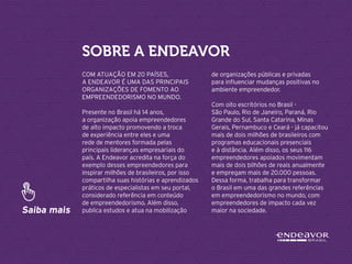 //liderança inspiradora
21
Com atuação em 20 países,
a Endeavor é uma das principais
organizações de fomento ao
empreendedorismo no mundo.
Presente no Brasil há 14 anos,
a organização apoia empreendedores
de alto impacto promovendo a troca
de experiência entre eles e uma
rede de mentores formada pelas
principais lideranças empresariais do
país. A Endeavor acredita na força do
exemplo desses empreendedores para
inspirar milhões de brasileiros, por isso
compartilha suas histórias e aprendizados
práticos de especialistas em seu portal,
considerado referência em conteúdo
de empreendedorismo. Além disso,
publica estudos e atua na mobilização
de organizações públicas e privadas
para influenciar mudanças positivas no
ambiente empreendedor.
Com oito escritórios no Brasil -
São Paulo, Rio de Janeiro, Paraná, Rio
Grande do Sul, Santa Catarina, Minas
Gerais, Pernambuco e Ceará - já capacitou
mais de dois milhões de brasileiros com
programas educacionais presenciais
e à distância. Além disso, os seus 116
empreendedores apoiados movimentam
mais de dois bilhões de reais anualmente
e empregam mais de 20.000 pessoas.
Dessa forma, trabalha para transformar
o Brasil em uma das grandes referências
em empreendedorismo no mundo, com
empreendedores de impacto cada vez
maior na sociedade.Saiba mais
Sobre a endeavor
 