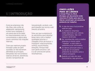 //liderança inspiradora
4
Como as empresas não
são ilhas, elas estão se
adaptando rapidamente
a essa nova realidade. É
um passo que já foi dado
no relacionamento com os
consumidores e agora abre
novos caminhos nas relações
internas.
Claro que nenhum projeto
inovador pode ser bem
sucedido se não estiverem
atendidas as principais
demandas dos funcionários:
salários atrativos, benefícios
sociais e programas de
remuneração variável, com
participação nos lucros e até
mesmo acionária.
Uma vez que a empresa já
se estruturou para oferecer
esses itens com a melhor
qualidade possível, é
chegada a hora de buscar o
intangível: relacionamento,
sonhos, envolvimento,
emoções. Porque lidar
com gente envolve o ser
e o ser precisa de outras
recompensas.
CINCO LIÇÕES
PARA OS LÍDERES
A Great Place to Work
divulgou um documento onde
relaciona 5 lições para que os
líderes construam um excelente
ambiente de trabalho:
1. A vida dos seus funcionários
está em jogo.
2. As melhores empresas
estão liderando com valores
compartilhados, não com
regras e diretrizes.
3. Ser reconhecida como a melhor
empresa é menos sobre
“regalias” e mais sobre a
experiência do funcionário.
4. Os líderes precisam estar a
bordo de um excelente
ambiente de trabalho para a
cultura prosperar.
5. Quando se trata dos seus
funcionários, seja generoso.
1 | introduçÃO
Copyright©2014GreatPlacetoWork®Institute.Inc.AllRightsReserved.Copyright©2014GreatPlacetoWork®Institute.Inc.AllRightsReserved.
 