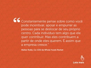 //liderança inspiradora
9
Constantemente pense sobre como você
pode incentivar, apoiar e empurrar as
pessoas para se deslocar de seu próprio
centro. Cada indivíduo tem algo que ele
quer contribuir. Mas eles contribuem a
partir de onde eles querem. É assim que
a empresa cresce.”
“
Leia mais
Walter Robb, Co-CEO da Whole Foods Market
 