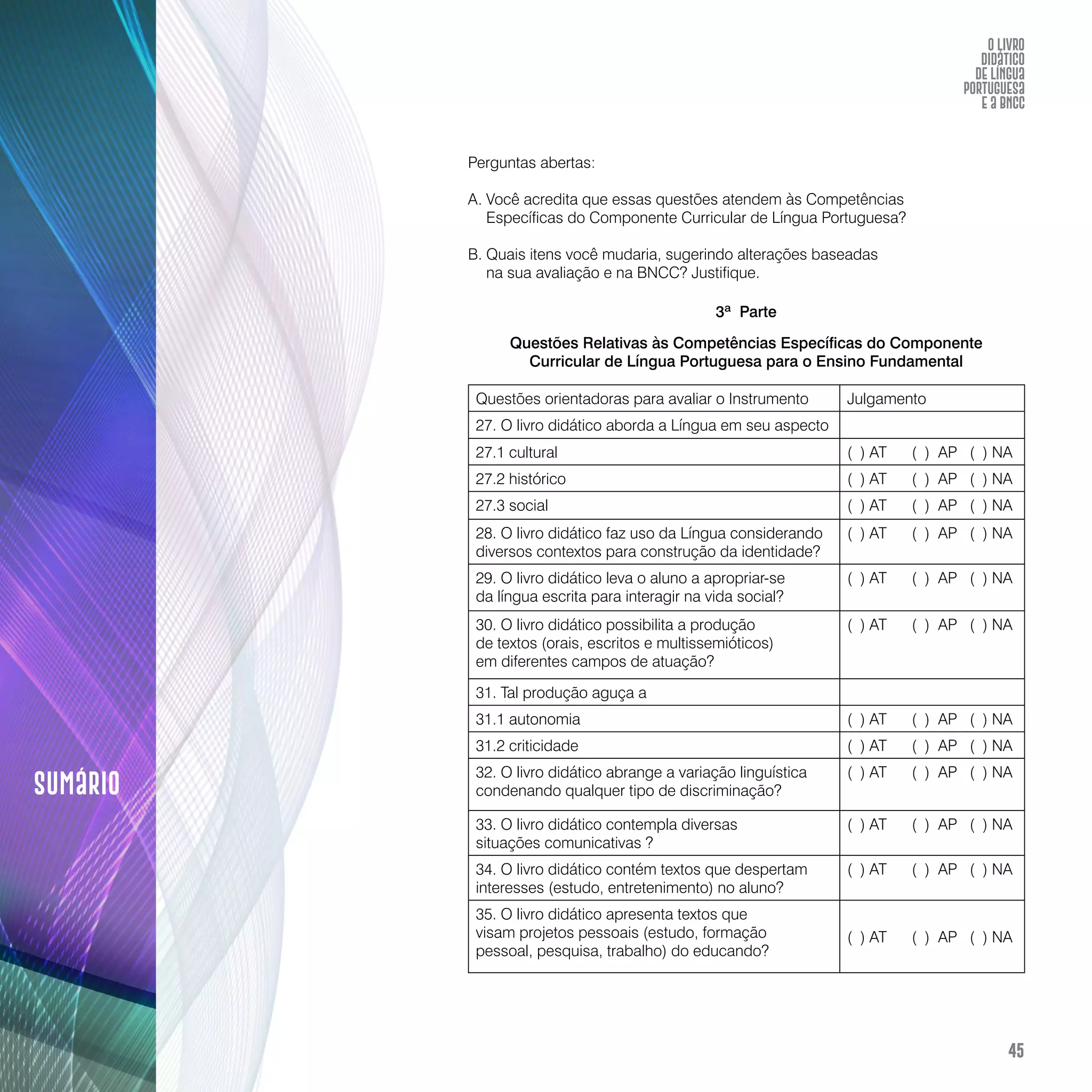 O livro didático de Língua Portuguesa e a BNCC: construção de instrumento avaliativo