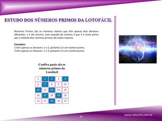 Números Primos são os números inteiros que têm apenas dois divisores
diferentes: 1 e ele mesmo. Com exceção do número 2 que é o único primo
par, o restante dos números primos são todos ímpares.
Exemplos:
2 tem apenas os divisores: 1 e 2, portanto 2 é um número primo.
3 tem apenas os divisores: 1 e 3, portanto 3 é um número primo.
Confira quais são os
números primos da
Lotofácil
10
www.netsorte.com.br
 