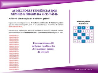 12
Números primos
da Lotofácil
Melhores combinações de 5 números primos:
Separei em especial para você as 20 melhores combinações de 5 números primos
que mais vezes saíram juntos, onde eu fiz uma análise do 1º concurso da lotofácil
até o concurso 1631.
Para utilizar as combinações abaixo em suas apostas, basta você completar com 10
dezenas retirando-as dos 16 números que NÃO estão marcados na figura ao lado:
02,03,05,11,17
02,03,05,11,23
03,05,11,13,23
02,03,05,11,13
02,05,11,13,23
03,05,07,13,23
02,05,07,11,13
03,05,11,13,17
05,07,11,13,17
03,05,07,11,23
02,07,11,13,23
02,07,11,19,23
03,05,07,11,13
03,11,17,19,23
02,03,11,13,17
02,05,07,11,17
02,07,11,13,17
03,07,11,17,19
02,03,07,11,13
02,05,07,13,23
Em suas mãos as 20
melhores combinações
de 5 números primos
da lotofácil
www.netsorte.com.br
 
