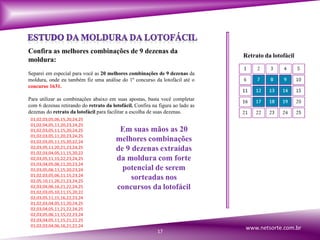 Confira as melhores combinações de 9 dezenas da
moldura:
Separei em especial para você as 20 melhores combinações de 9 dezenas da
moldura, onde eu também fiz uma análise do 1º concurso da lotofácil até o
concurso 1631.
17
Retrato da lotofácil
Para utilizar as combinações abaixo em suas apostas, basta você completar
com 6 dezenas retirando do retrato da lotofácil. Confira na figura ao lado as
dezenas do retrato da lotofácil para facilitar a escolha de suas dezenas.
01,02,03,05,06,15,20,24,25
01,02,04,05,11,20,23,24,25
01,02,03,05,11,15,20,24,25
01,02,03,05,11,20,23,24,25
01,02,03,05,11,15,20,22,24
02,03,05,11,20,21,23,24,25
01,02,03,04,05,11,15,20,22
02,03,05,11,15,22,23,24,25
01,03,04,05,06,11,20,23,24
01,03,05,06,11,15,20,23,24
01,02,03,05,06,11,15,23,24
02,05,10,11,20,21,23,24,25
02,03,04,06,16,21,22,24,25
01,02,03,05,10,11,15,20,22
02,03,05,11,15,16,22,23,24
01,02,03,04,05,11,20,24,25
02,03,04,05,11,21,22,24,25
02,03,05,06,11,15,22,23,24
02,03,04,05,11,15,21,22,25
01,02,03,04,06,16,21,22,24
Em suas mãos as 20
melhores combinações
de 9 dezenas extraídas
da moldura com forte
potencial de serem
sorteadas nos
concursos da lotofácil
www.netsorte.com.br
 