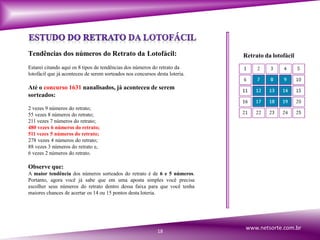 Tendências dos números do Retrato da Lotofácil:
Estarei citando aqui os 8 tipos de tendências dos números do retrato da
lotofácil que já aconteceu de serem sorteados nos concursos desta loteria.
Até o concurso 1631 nanalisados, já aconteceu de serem
sorteados:
2 vezes 9 números do retrato;
55 vezes 8 números do retrato;
211 vezes 7 números do retrato;
480 vezes 6 números do retrato;
511 vezes 5 números do retrato;
278 vezes 4 números do retrato;
88 vezes 3 números do retrato e,
6 vezes 2 números do retrato.
Observe que:
A maior tendência dos números sorteados do retrato é de 6 e 5 números.
Portanto, agora você já sabe que em uma aposta simples você precisa
escolher seus números do retrato dentro dessa faixa para que você tenha
maiores chances de acertar os 14 ou 15 pontos desta loteria.
Retrato da lotofácil
18
www.netsorte.com.br
 