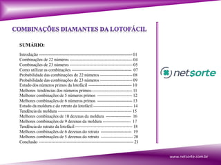 SUMÁRIO:
Introdução ------------------------------------------------------------------- 01
Combinações de 22 números --------------------------------------------- 04
Combinações de 23 números --------------------------------------------- 05
Como utilizar as combinações ------------------------------------------- 07
Probabilidade das combinações de 22 números ----------------------- 08
Probabilidade das combinações de 23 números ----------------------- 09
Estudo dos números primos da lotofácil ------------------------------- 10
Melhores tendências dos números primos------------------------------ 11
Melhores combinações de 5 números primos ------------------------- 12
Melhores combinações de 6 números primos ------------------------- 13
Estudo da moldura e do retrato da lotofácil ---------------------------- 14
Tendência da moldura ----------------------------------------------------- 15
Melhores combinações de 10 dezenas da moldura ------------------ 16
Melhores combinações de 9 dezenas da moldura -------------------- 17
Tendência do retrato da lotofácil ----------------------------------------- 18
Melhores combinações de 6 dezenas do retrato ---------------------- 19
Melhores combinações de 5 dezenas do retrato ----------------------- 20
Conclusão -------------------------------------------------------------------- 21
www.netsorte.com.br
 