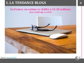 6
En France, on estime ce chiffre à 15-20 millions
(hors Skyblog) en 2010
1. LA TENDANCE BLOGS
Source : Journal du Net
 