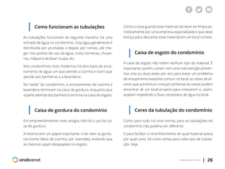 | 26voltar para o índice
Como funcionam as tubulações Como a caixa guarda esse material, ela deve ser limpa pe-
riodicamente por uma empresa especializada e que deve
licença para descartar esse material em um local correto.As tubulações funcionam da seguinte maneira: há uma
entrada de água no condomínio. Essa água geralmente é
distribuída por prumadas e depois por ramais, até che-
gar nos pontos de uso da água, como torneiras, chuvei-
ros, máquina de lavar roupa, etc.
Nos condomínios mais modernos há dois tipos de enca-
namento de água: um que atende a cozinha e outro que
atende aos banheiros e a lavanderia.
Na “saída” do condomínio, o encanamento da cozinha e
lavanderia terminam na caixa de gordura, enquanto que
a parte advinda dos banheiros termina na caixa de esgoto.
Caixa de gordura do condomínio
Em empreendimentos mais antigos não há o uso da cai-
xa de gordura.
A mesma tem um papel importante: o de reter as gordu-
ras (como óleos de cozinha, por exemplo), evitando que
as mesmas sejam despejadas no esgoto.
Caixa de esgoto do condomínio
A caixa de esgoto não retém nenhum tipo de material. É
importante, porém, contar com uma manutenção preven-
tiva uma ou duas vezes por ano para evitar um problema
de entupimento bastante comum no local: as raízes de ár-
vores que porventura cresçam próximas às caixas podem
encontrar ali um local propício para crescerem e, assim,
acabam impedindo o fluxo necessário de água no local.
Cores da tubulação do condomínio
Como para tudo há uma norma, para as tubulações do
condomínio não poderia ser diferente.
E para facilitar o reconhecimento de qual material passa
por qual cano, há cores certas para cada tipo de tubula-
ção. Veja:
 