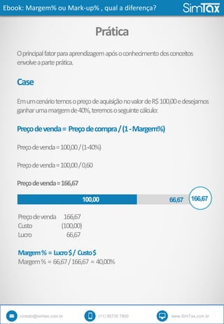 Ebook: Margem% ou Mark-up% , qual a diferença?
contato@simtax.com.br (11) 95730 7800 www.SimTax.com.br
Prática
Oprincipalfatorparaaprendizagemapósoconhecimentodosconceitos
envolveaparteprática.
Case
EmumcenáriotemosopreçodeaquisiçãonovalordeR$100,00edesejamos
ganharumamargemde40%,teremososeguintecálculo:
Preçodevenda= Preçodecompra/(1-Margem%)
Preçodevenda=100,00/(1-40%)
Preçodevenda=100,00/0,60
Preçodevenda=166,67
166,6766,67100,00
Preçodevenda 166,67
Custo (100,00)
Lucro 66,67
Margem% = Lucro$/ Custo$
Margem% = 66,67/166,67 = 40,00%
 