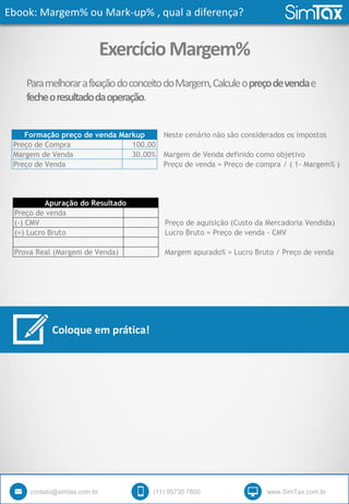 Ebook: Margem% ou Mark-up% , qual a diferença?
contato@simtax.com.br (11) 95730 7800 www.SimTax.com.br
ExercícioMargem%
ParamelhorarafixaçãodoconceitodoMargem,Calculeopreçodevendae
fecheoresultadodaoperação.
Coloque em prática!
Neste cenário não são considerados os impostos
Preço de Compra 100,00
Margem de Venda 30,00% Margem de Venda definido como objetivo
Preço de Venda Preço de venda = Preço de compra / ( 1- Margem% )
Formação preço de venda Markup
Preço de venda
(-) CMV Preço de aquisição (Custo da Mercadoria Vendida)
(=) Lucro Bruto Lucro Bruto = Preço de venda - CMV
Prova Real (Margem de Venda) Margem apurado% = Lucro Bruto / Preço de venda
Apuração do Resultado
 