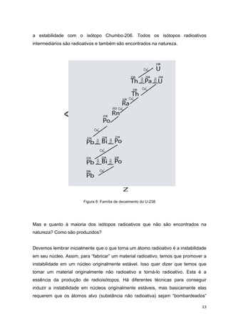   13	
  
a estabilidade com o isótopo Chumbo-206. Todos os isótopos radioativos
intermediários são radioativos e também são encontrados na natureza.
Figura 8: Família de decaimento do U-238
Mas e quanto à maioria dos isótopos radioativos que não são encontrados na
natureza? Como são produzidos?
Devemos lembrar inicialmente que o que torna um átomo radioativo é a instabilidade
em seu núcleo. Assim, para “fabricar” um material radioativo, temos que promover a
instabilidade em um núcleo originalmente estável. Isso quer dizer que temos que
tomar um material originalmente não radioativo e torná-lo radioativo. Esta é a
essência da produção de radioisótopos. Há diferentes técnicas para conseguir
induzir a instabilidade em núcleos originalmente estáveis, mas basicamente elas
requerem que os átomos alvo (substância não radioativa) sejam “bombardeados”
 