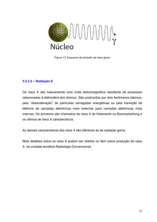   21	
  
Figura 13: Esquema da emissão de raios gama
3.2.3.2 – Radiação X
Os raios X são basicamente uma onda eletromagnética resultante de processos
relacionados à eletrosfera dos átomos. São produzidos por dois fenômenos básicos:
pela “desaceleração” de partículas carregadas energéticas ou pela transição de
elétrons de camadas eletrônicas mais externas para camadas eletrônicas mais
internas. Os primeiros são chamados de raios X de fretamento ou Bremsstrahlung e
os últimos de raios X característicos.
As demais características dos raios X são idênticas às da radiação gama.
Mais detalhes sobre os raios X podem ser obtidos no item sobre produção de raios
X, da unidade temática Radiologia Convencional.
 