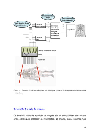   45	
  
Figura 31 - Esquema do circuito elétrico de um sistema de formação de imagem e uma gama-câmara
convencional.
Sistema De Gravação De Imagens
Os sistemas atuais de aquisição de imagens são os computadores que utilizam
sinais digitais para processar as informações. No entanto, alguns sistemas mais
 