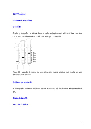   71	
  
TESTE ANUAL
Geometria de Volume
Conceito
Avaliar a variação na leitura de uma fonte radioativa com atividade fixa, mas que
pode ter o volume alterado, como uma seringa, por exemplo.
Figura 49 - variação de volume de uma seringa com mesma atividade pode resultar em valor
diferente durante a medida.
Critérios de aceitação
A variação na leitura da atividade devido à variação de volume não deve ultrapassar
5%.
GAMA-CÂMARA
TESTES DIÁRIOS
	
  
5	
  ml	
  
4	
  mL	
  
3	
  mL	
  
2	
  mL	
  
1	
  mL	
  
 